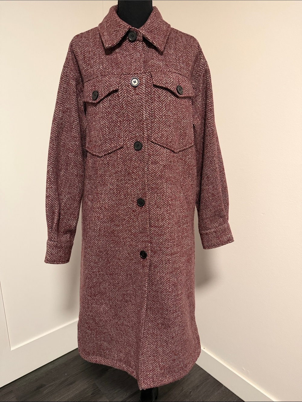 Treasure & Bond Long Burgundy Herringbone Trench Coat